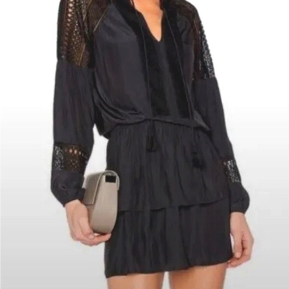 Ramy Brook Black Crochet Lace Long-Sleeve Dress